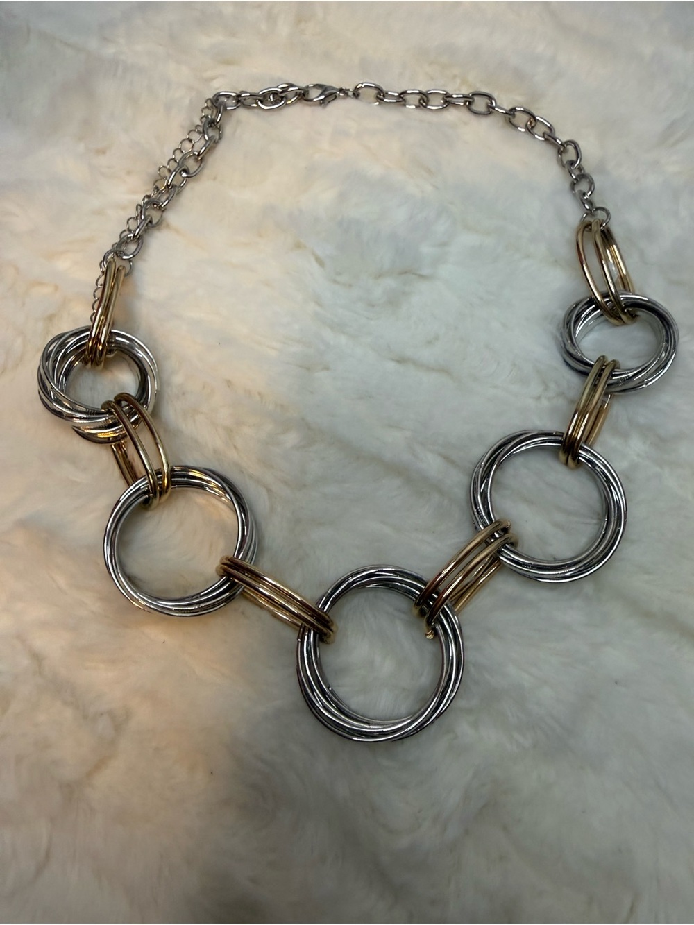 Two-Tone Statement Link Necklace Gold & Silver Tone Chunky Circle Chain Adj